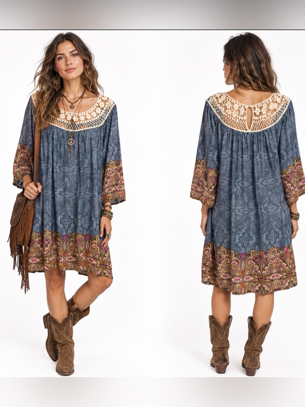 entro Blue Paisley Boho Hippie 70βs Tunic Flowy Dress Cream Crochet Yoke Large